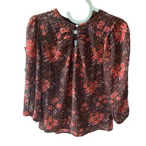 NWT Daniel Rainn Women’s Brown Floral 3/4 Sleeve Textured Blouse Size XS